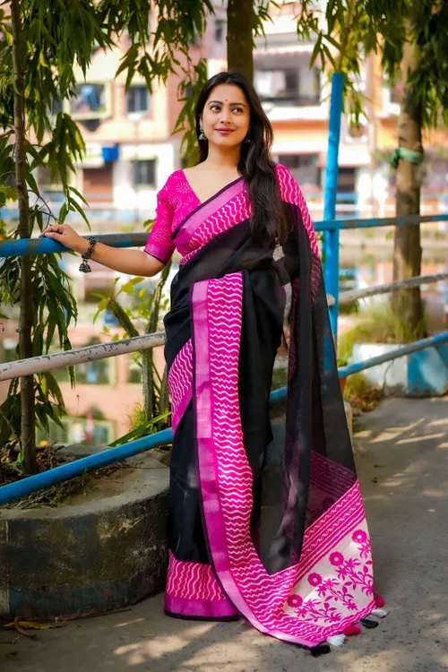 Soft Linen Saree with Pink Contrast Prints & Zari Woven Black Pattu Border